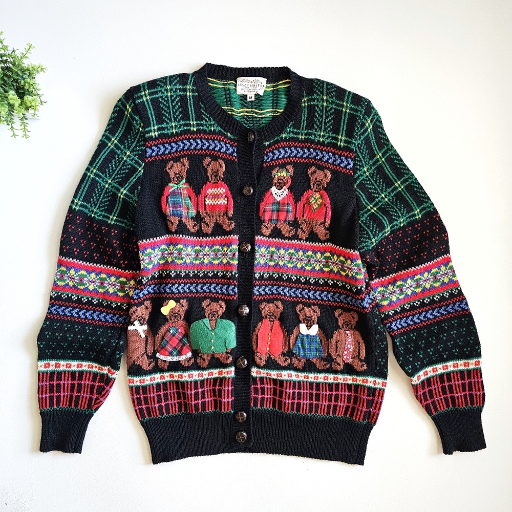 Vintage 1992 Susan Bristol Hand Knit Bear Pattern Colorful Cardigan Sweater Sz S